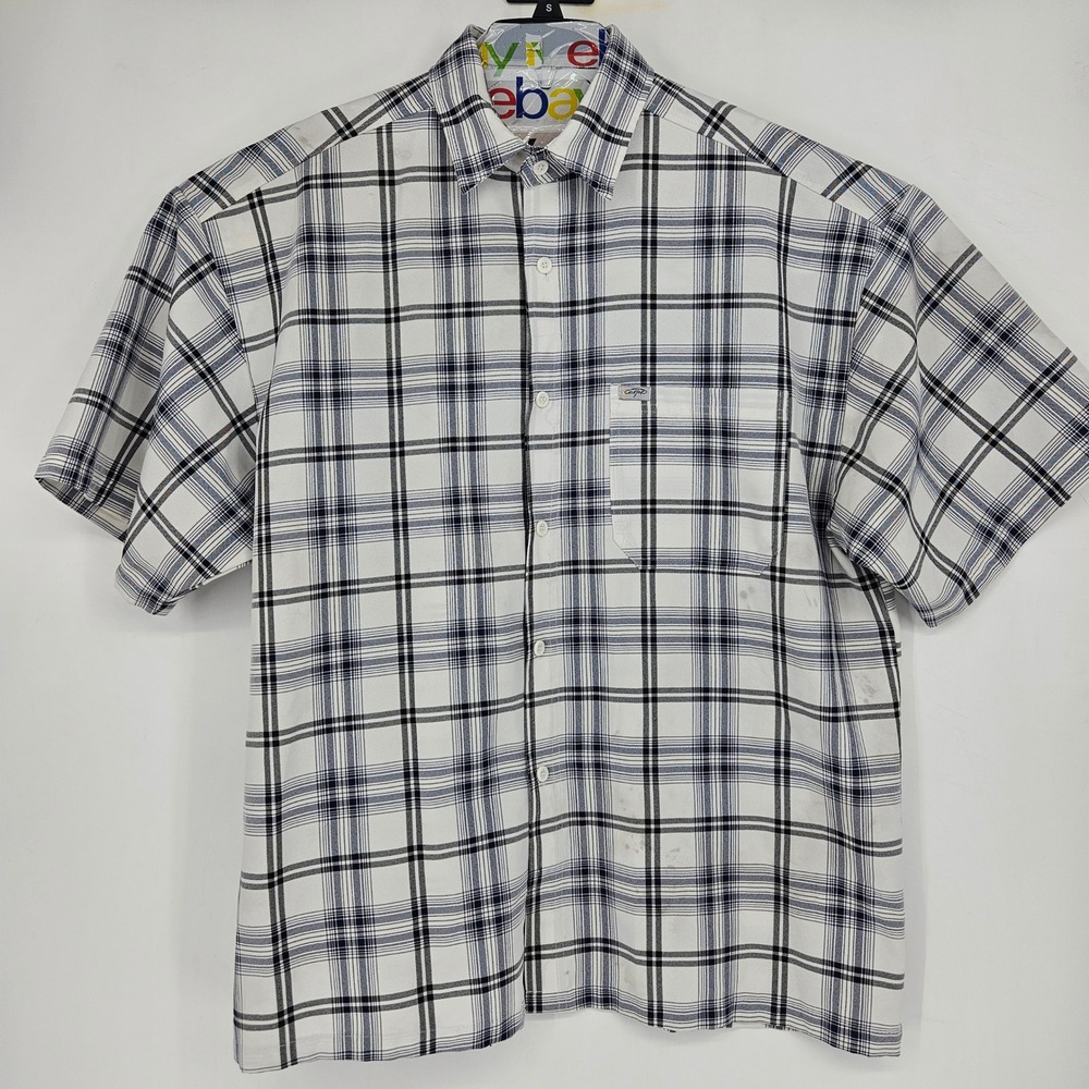 Caltop‎ Shirt Mens 3XL White Black Plaid Cholo Chicano Short Sleeve Button Up
